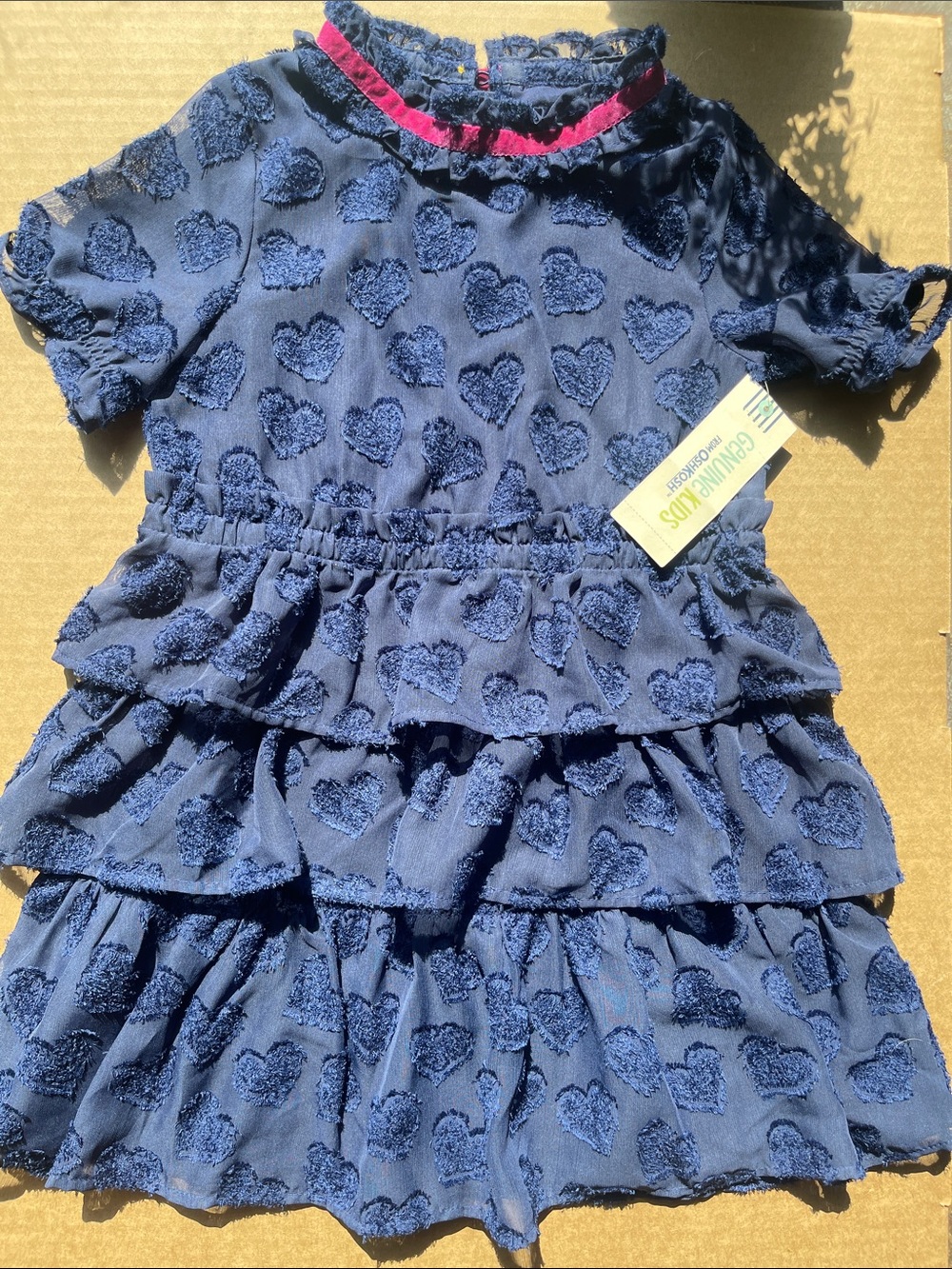 OshKosh  Navy Blue Heart Tiered Ruffle Dress with Pink Trim